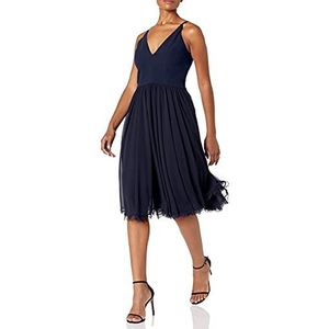 Dress the Population Alicia Mouwloze midi-jurk met diepe V-hals, mix van materialen, uitlopend model, Middernacht Blauw, S