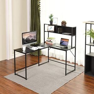 FurnitureR L-Shape Hoekbureau, groot bureau, voor gaming, met 2 metalen planken, eigentijdse stijl, minimalisme, totaal zwart, 138 x 110 x 75-135 cm