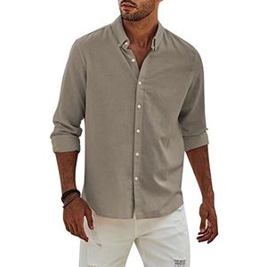 APOONABA Heren Linnen Shirts Casual Katoenen Shirt Zakelijke Lange Mouw Shirt Button Down Tops Regular Fit, 1-kaki, XXL