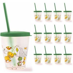 Snips Set van 12 drinkglazen met rietje en deksel met dinosaurusdecoratie, 385 ml, BPA-vrij, made in Italy