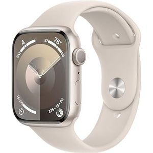 Apple Watch Series 9 (GPS 45 mm) Smartwatch - Kast van sterrenlicht aluminium - Sterrenlicht sportbandje S/M. Conditie bijhouden, Saturatie-app en Ecg-app, Always-on Retina-display, waterbestendig