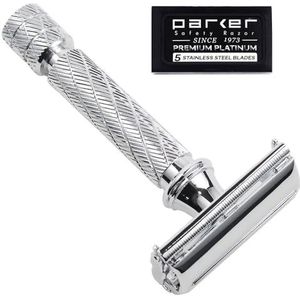 Parker Safety Razor 87R Dubbele rand scheerapparaat met vlinder, traditionele korte handgreep, 5 hoogwaardige messen in de levering van chroom