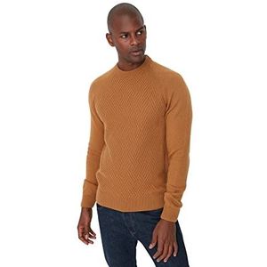 Trendyol Heren ronde hals effen slanke trui sweatshirt, camel, XS