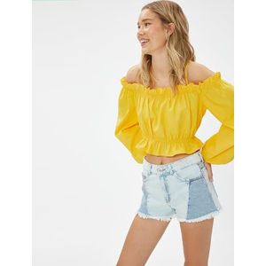 Koton Dames Cotton Ruffled Spaghetti Strappy Off Shoulder Crop Blouse, geel (155), 40