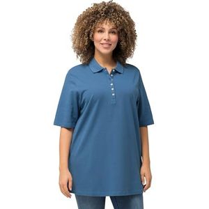 Ulla Popken Poloshirt voor dames, piqué, polokraag, fluwelen knoopsluiting, T-shirts met korte mouwen, denimblauw, 66-68