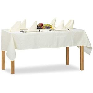 Relaxdays Damast tafelkleed set, 135 x 180 cm vierkant tafelkleed en 8 servetten, afwasbaar tafellinnen, champagne