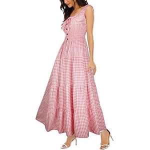 Mouwloze zomerjurk voor dames, flowy print, boho, maxi-jurk, lange jurk voor bruiloftsgasten, Roze Plaid, M