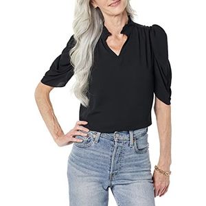 Amazon Essentials Dames lichtgewicht Georgette halflange ruches hals geweven blouse, zwart, XS