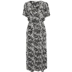 KAFFE Maxi-jurk voor dames, korte mouwen, V-hals, casual, pasvorm, trekkoord, taille, Zwart/Wit Graphic Snake, 38