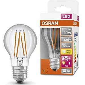 OSRAM Star+ LED lamp met daglichtsensor, E27-basis Filament optiek,Warm wit (2700K), 470 Lumen, substituut voor 40W-verlichtingsmiddel niet-dimbaar, 4-Pak