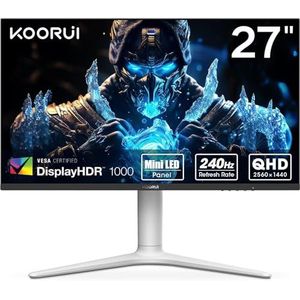 KOORUI Gaming Monitor 27 inch, 240Hz, VA Mini LED, 1ms, QHD Gaming Screen Adaptive Sync, 2xHDMI 2.0 & DisplayPort 1.4, HDR 1000, DCI-P3 95%, VESA 75 x 75 mm, Eye Care, in hoogte verstelbaar
