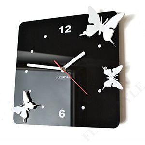 FLEXISTYLE Moderne wandklok vliegende vlinders 3D woonkamer slaapkamer moderne decoratie (zwart)