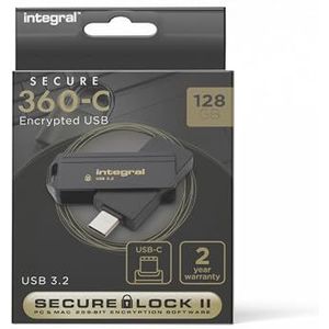Integral Veilige 360-C 128GB software-gecodeerde USB-flashdrive - USB-C-connector - 256-bits AES-codering - Compatibel met Mac, MacBook, PC, laptop
