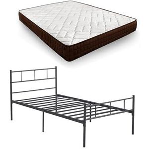 HOGAR24 ES - Metalen frame met poten, bedframe en hoofdeinde + visco-elastisch matras Dream Flex 15, afmetingen: 90 x 190 cm