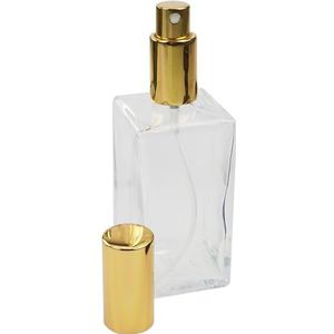 Fantasia Parfum flacon leeg 100 ml met verstuiverpomp, helder glas fles hoekig, om zelf te vullen met parfum, verstuiver en dop in goud, navulbaar voor 100 ml
