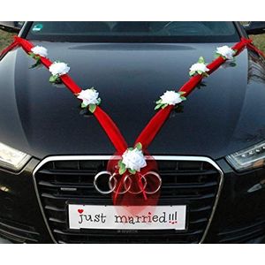 ORGANZA M Auto sieraden bruidspaar roos deco decoratie Organza M bruiloft auto wedding deco slinger auto (zuiver wit/rood)