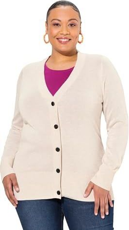 Ulla Popken - Gebreid Vest - Ecru - V-hals - Lange Mouw