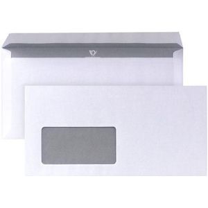 POSTHORN Envelop DIN lang (1000 stuks), zelfklevende envelop met venster, witte enveloppen met grijze opdruk voor inkijkbescherming, 110 x 220 mm, 80 g/m²
