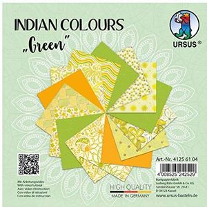 URSUS 41256104 Indian Colours Green, met 10 natuurlijk papier en 5 vellen tekenpapier, eenzijdig bedrukt, met metaaleffect en glitter veredeld