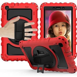 Samsung Galaxy Tab A 8.0 hoesje, model SM-T290/SM-T295 2019, schokbestendige robuuste beschermende hybride harde beschermhoes met 360 roterende handstand/schouderriem-rood