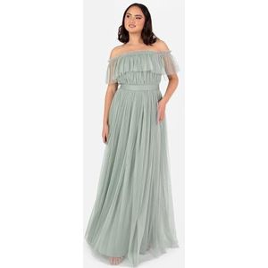 Anaya with Love Maxi-jurk voor dames, mouwloos, off-shoulder bardot-halslijn, tule, ceintuur, A-lijn, bruidsmeisje, bruiloftsgast, vorstgroen, 16, Groen, 42