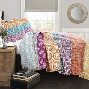 Lush Decor Bohemian Gestreepte Quilt Omkeerbaar 3-delig Beddengoed Set Koning Fuchsia & Oranje