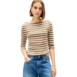Tommy Hilfiger Dames Slim Cody Boat-NK 3/4SLV WW0WW40589 L/S T-shirt, bruin (Nordic Taupe/Ecru STP), XXS, Bruin (Nordic Taupe/Ecru Stp), XXS