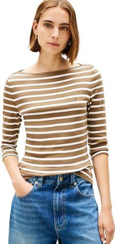 Tommy Hilfiger Dames Slim Cody Boat-NK 3/4SLV WW0WW40589 L/S T-shirt, bruin (Nordic Taupe/Ecru STP), XXS, Bruin (Nordic Taupe/Ecru Stp), XXS