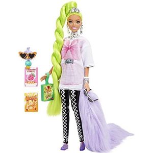 ​Barbie Extra Pop in oversized T-shirt en leggings met haar dierenvriendje, een papegaai, extra lang neongroen haar en accessoires, beweegbare gewrichten, voor kinderen vanaf 3 jaar, HDJ44