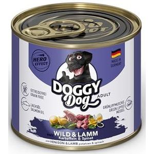 DOGGY Dog Paté Wild & Lam, 6 x 200 g, nat voer voor honden, graanvrij hondenvoer met zalmolie en groenlipmossel, compleet voer met spinazie en aardappelen, Made in Germany