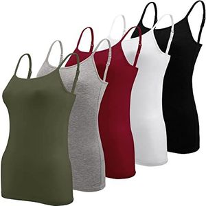 BQTQ 5 stuks spaghetti top dames onderhemd spaghettibandjes tank top met verstelbare band basic caami tank top voor vrouwen en meisjes, zwart, wit, grijs, donkerrood, legergroen, M