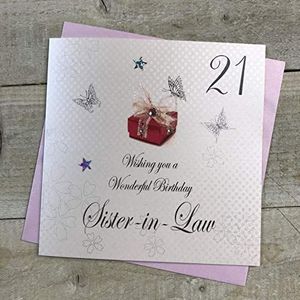 Witte katoenen kaarten bdp21-sil rood cadeau, Wishing you a Wonderful Birthday Sister-in-Law"", handgemaakt, voor 21e verjaardag, wit
