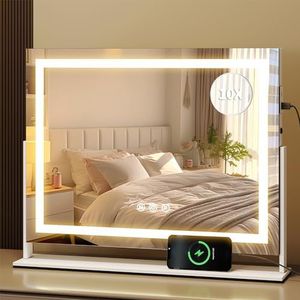 YITAHOME Make-upspiegel met verlichting, groot, spiegel met 3 lichtkleuren, make-upspiegel met verlichting, USB en 10 x vergrootglas, touch control, cosmeticaspiegel voor tafelblad of wandhouder