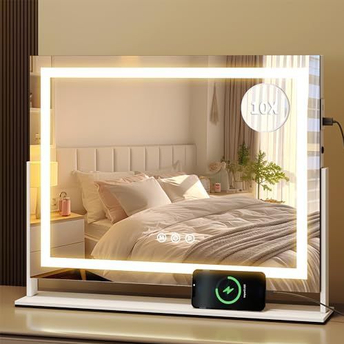 YITAHOME Make-upspiegel met verlichting, groot, spiegel met 3 lichtkleuren, make-upspiegel met verlichting, USB en 10 x vergrootglas, touch control, cosmeticaspiegel voor tafelblad of wandhouder