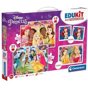 Clementoni - 18297 Edukit 4-in-1 Disney Princess - bordspellen set (memo, puzzel 30 en 48 delen, 6 dobbelstenen), onderwijs 3 jaar, geheugen en logica, kaarten om te koppelen, kinderpuzzel, Made in