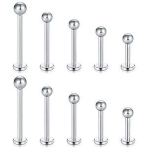 Longita Piercingsieraden, 16 G, chirurgisch staal, lippiercing, labret, monroe, ring, tragus, helix, oorbellen, stud, 6-14mm, 5 paar (10 stuks), Roestvrij staal