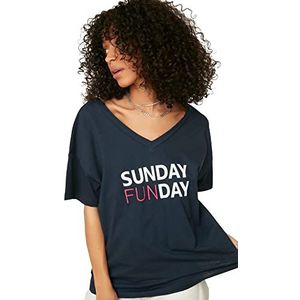 TRENDYOL Vrouw Boyfriend Basic V-hals gebreid T-shirt, Donkerblauw, XS