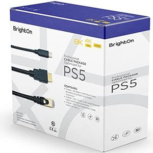 BrightOn Geoptimaliseerd kabelpakket compatibel met PS5 | 8K HDMI 2.1 HDR zwarte kabel 8K @60Hz/4K @120Hz | CAT 7 supersnelle Ethernet-kabel | Snel opladen zwarte kabel (USB A naar USB C) (2 meter