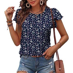 Clotth Casual bovendeel van geplooide chiffon met ronde hals en ruches mouwen, Navy Blue-L, L