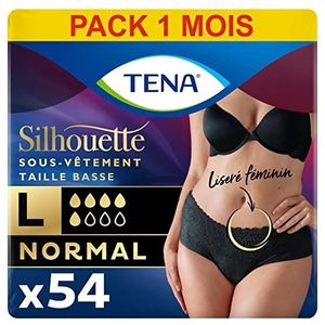 TENA Silhouette Normaal, lage taille, absorberend, voor incontinentie voor dames, na de geboorte, voor middelzware blaasszwakte, zwart, maat L - 54 broekjes (1 maandverpakking)