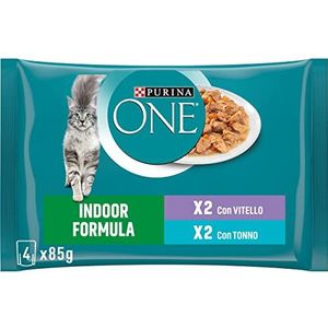 Purina One Indoor kat zaaigaren voor kalfsvlees, tonijn, 48 zakken 85 g