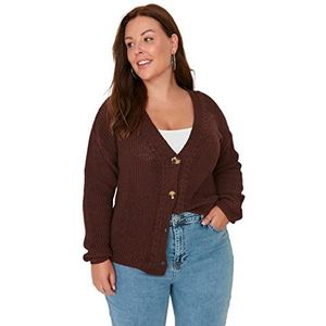 Trendyol Dames V-hals Plain Regular Plus Size Cardigan Sweater, Bruin, 5XL, BRON, 5XL