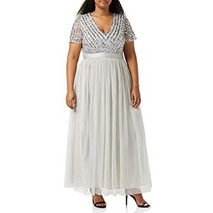 Maya Deluxe Dames Maxi Jurk Dames Bruidsmeisje V-hals Baljurk Korte Mouwen Lange Elegante Empire Taille Bruiloft, Zacht Grijs, 48 grote maten