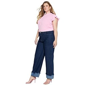 Trendyol Dames hoge taille turnup plus grootte jeans, donkerblauw,46, Donkerblauw