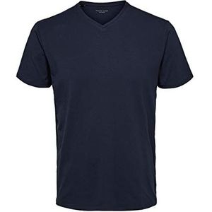 SLHNEWPIMA T-shirt met V-hals voor heren, effen basic shirt met korte mouwen, stretch katoen, blauw (navy blazernavy blazer), L