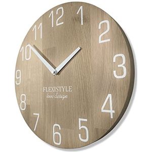 FLEXISTYLE Wandklok natuur diameter houtlook 100% eiken, hout modern, woonkamer, zonder tikkende geluiden ... (30cm, wit)