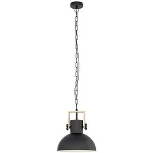 EGLO Lubenham hanglamp, vintage pendellamp in industrieel ontwerp, retro plafondlamp hangend van staal en hout, kleur zwart, bruin, E27 fitting, FSC gecertificeerd