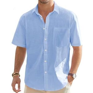 J.Ver Heren katoenen linnen shirts met korte mouwen casual lichtgewicht button down shirt strand zomer tops met zak, Licht Blauw, L
