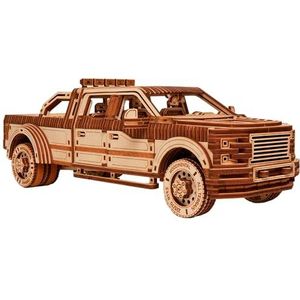 Wood Trick Pickup Truck Car - houten puzzel in 3D-formaat om in elkaar te zetten voor volwassenen en kinderen - rijdt tot 10 m - doe-het-zelf houten modellen voor volwassenen