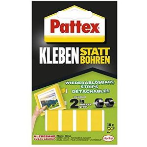 Pattex Kleben statt Bohren kleefstrips, sterke dubbelzijdige kleefband, verwijderbare kleefstrips, kleefband zet voorwerpen permanent vast zonder boren, 10 strips van elk 20 x 40 mm